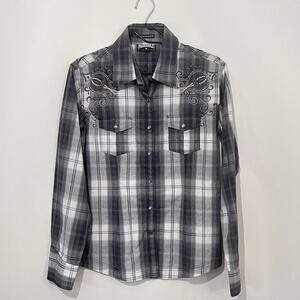 Panhandle Pearl Snap Shirt Womens Large Gray White Plaid Embroidered Western Top